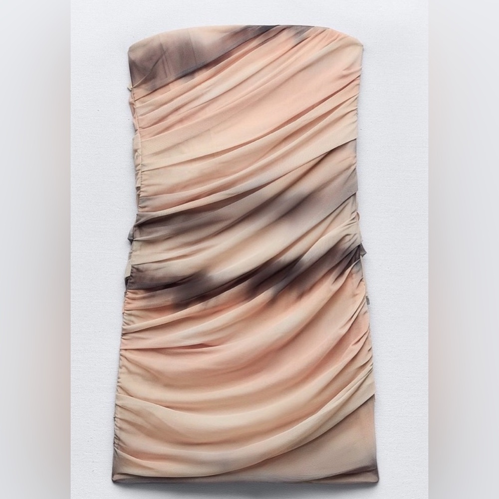 NWT Zara Ruched Mini Dress in Cream and Brown